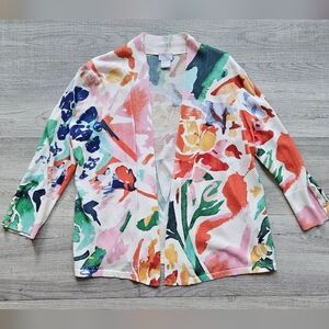 Chico’s Colorful Floral 3/4 Sleeve Open Front Lightweight Cardigan Sweater Small